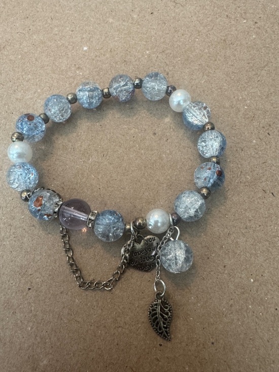 Jewelry - Handmade Blue Crackle Glass Bead Bracelet with Charms